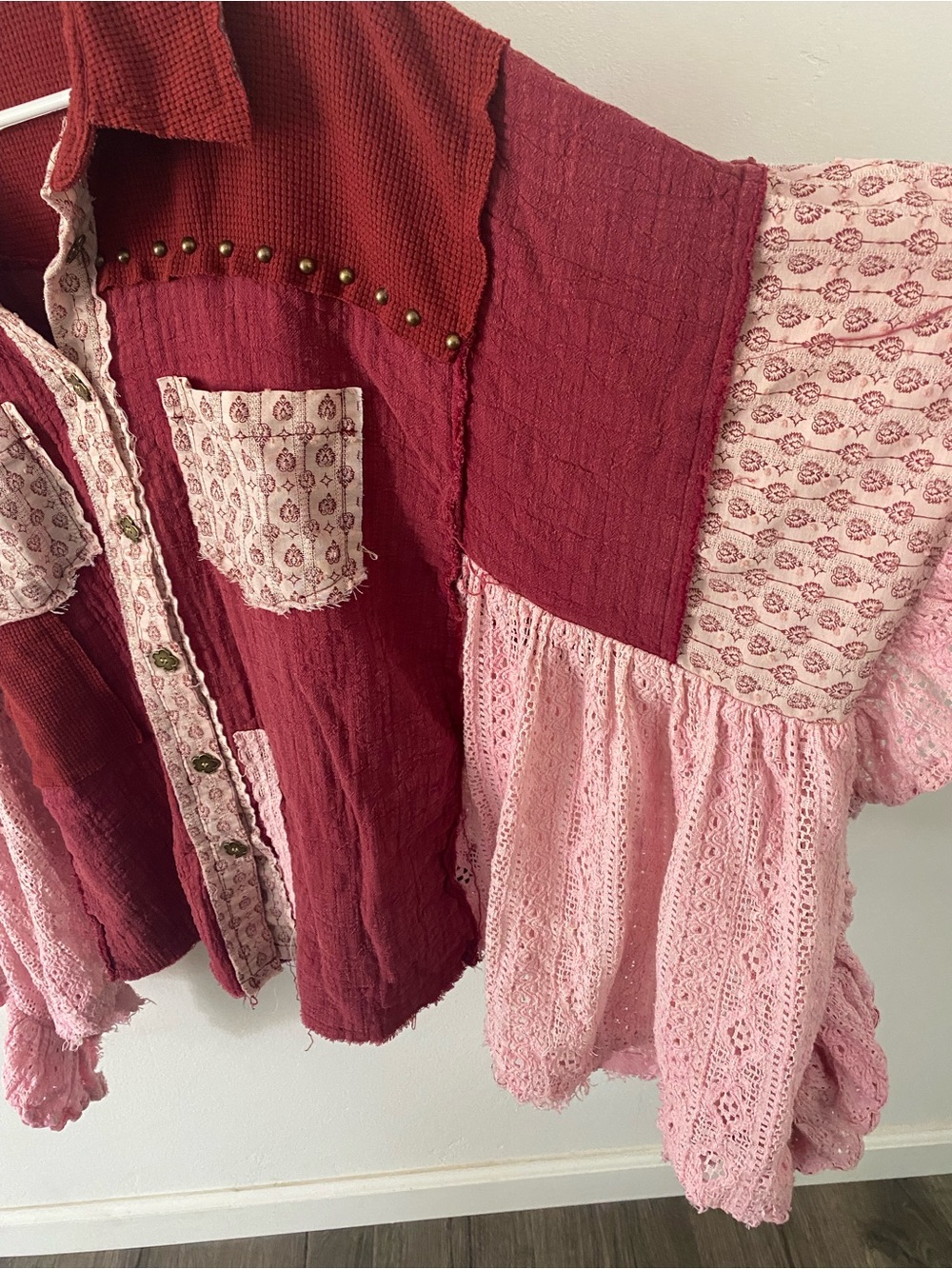 POL Brand Boho Patchwork Button-Up Blouse in Deep Red and Dusty Pink - Picture 5 of 5